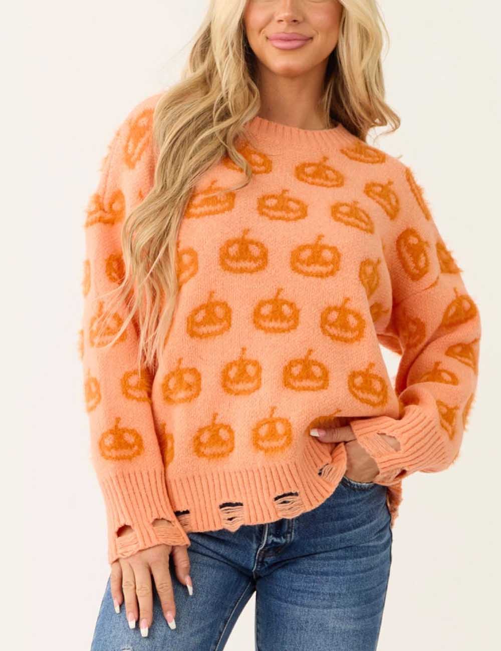 Halloween Pumpkin Ribbed Pullover Sweater DP25G437