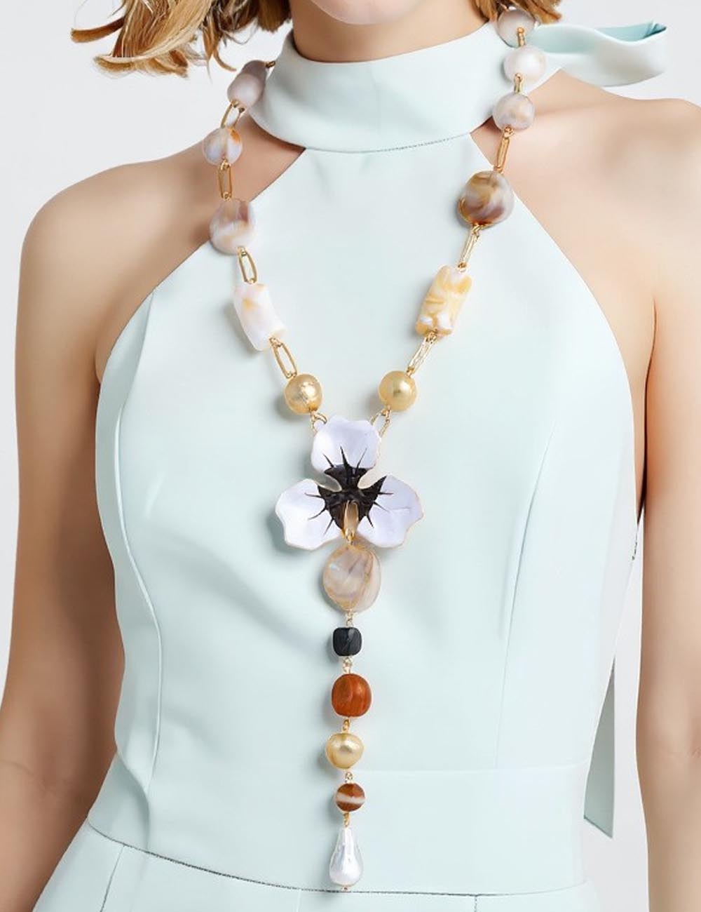 Elegant Enamel Flower Y Shaped Gold Necklace DP25F854