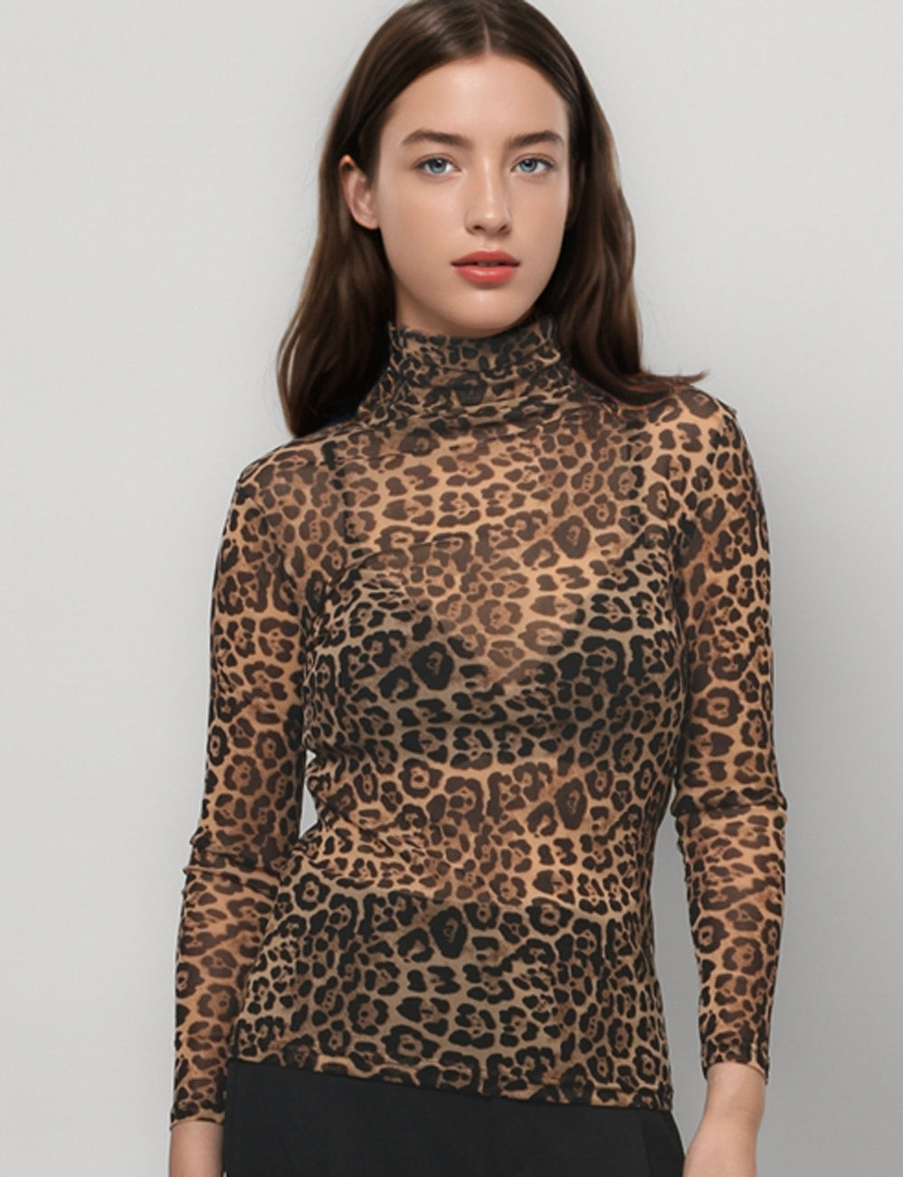 Leopard Print HIgh Collar Slim Fit Sexy Mesh Top DPT4796