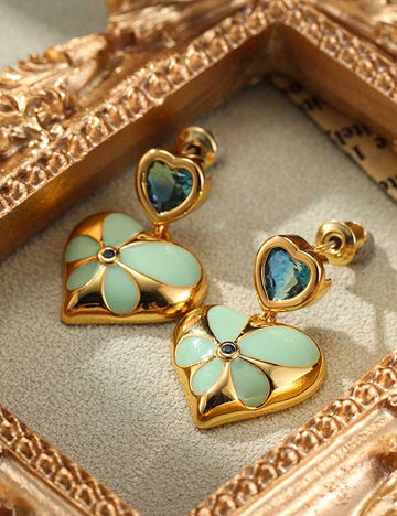 Vintage Flower Enamel Heart Drop Earrings DP25E591
