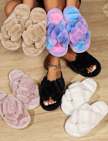 Soft Fuzzy Cross Band Open Toe Slippers DP25F912