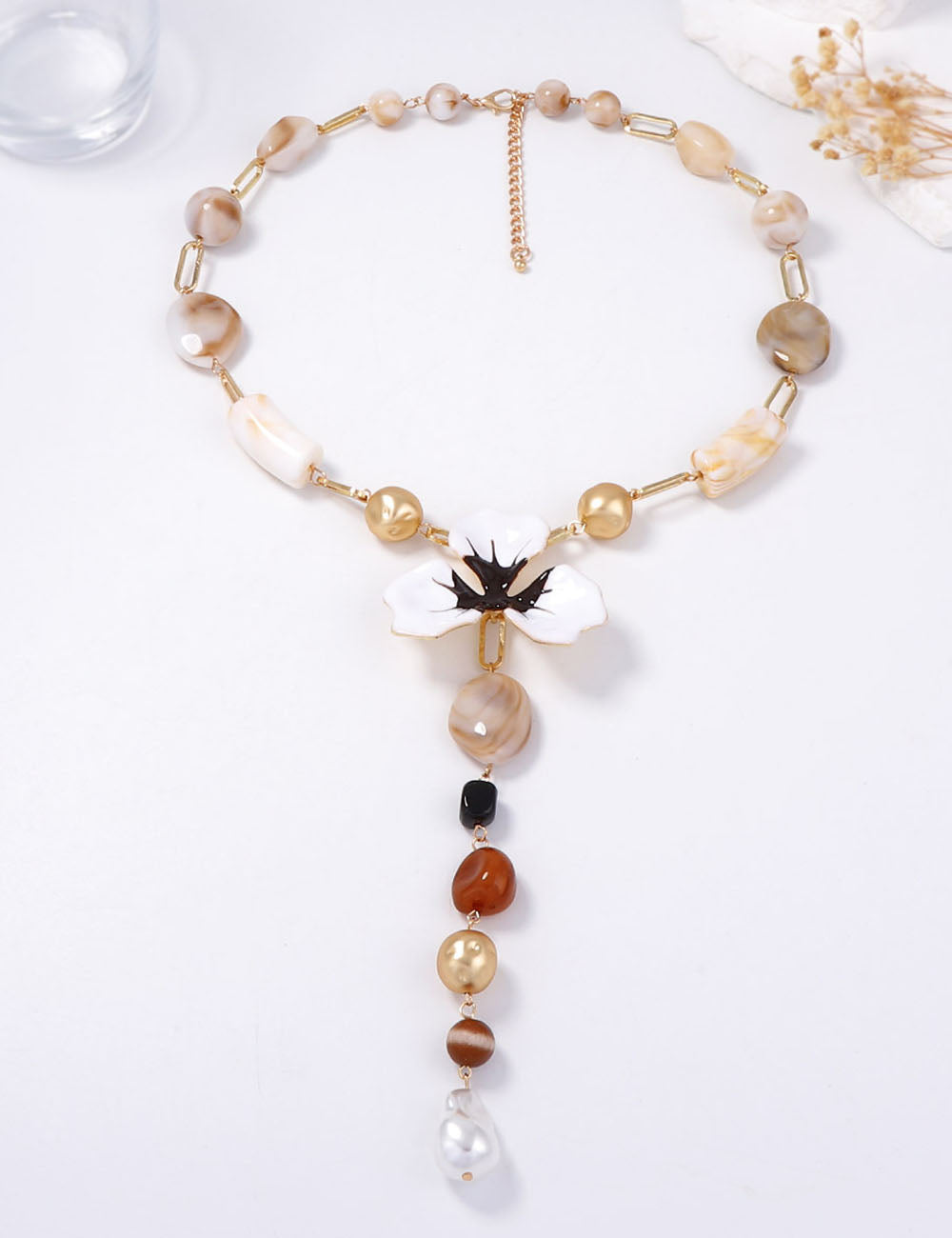 Elegant Enamel Flower Y Shaped Gold Necklace DP25F854