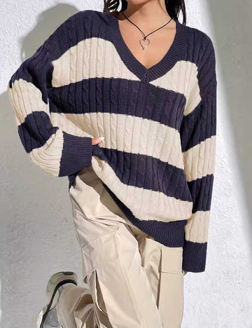 V-Neck Color Block Oversized Pullover Sweater DP25F533