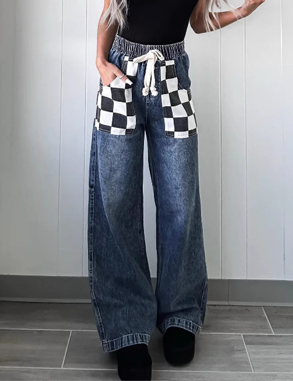 Casual Color Block Plaid Denim Long Jeans DP25E465