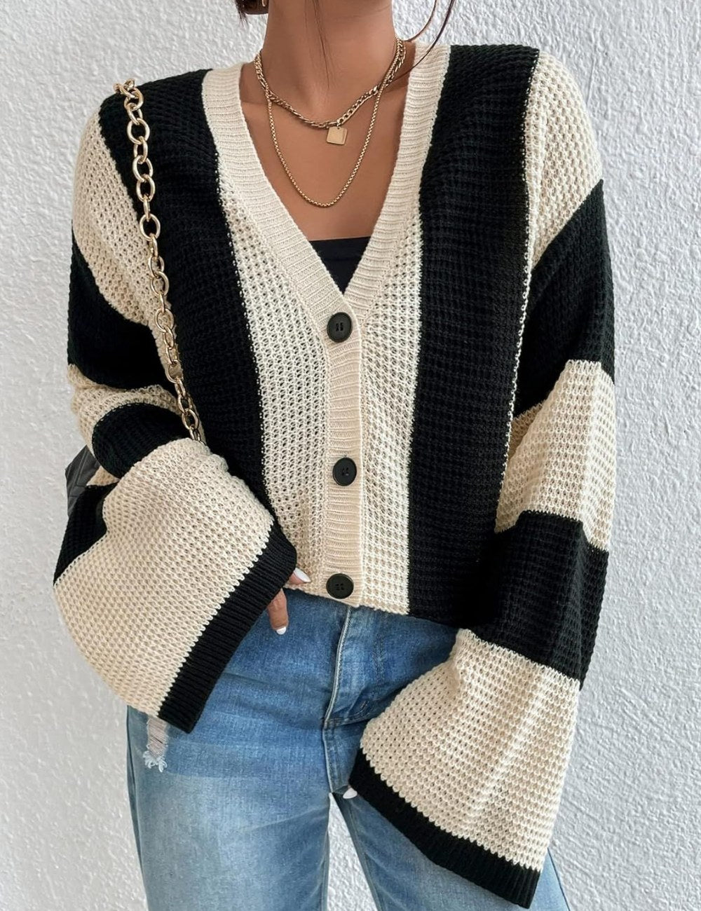 Striped Color Block Flare Sleeves Knit Cardigan DPT1430