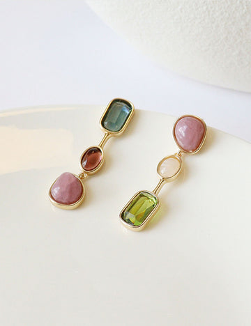 Gold Plated Square Stone Dangle Earrings DP25E587