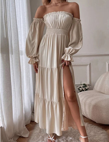Off Shoulder Flounce Side Split Maxi Dress DP25E685