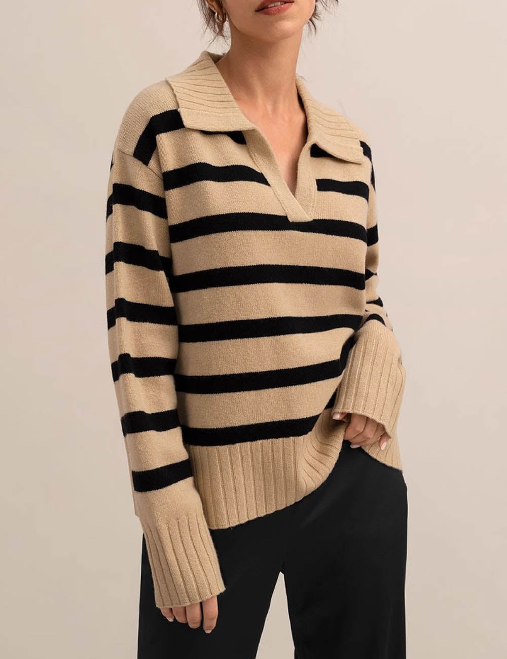 Winter Polo Collar Striped Knit Pullover Sweater DP25G955