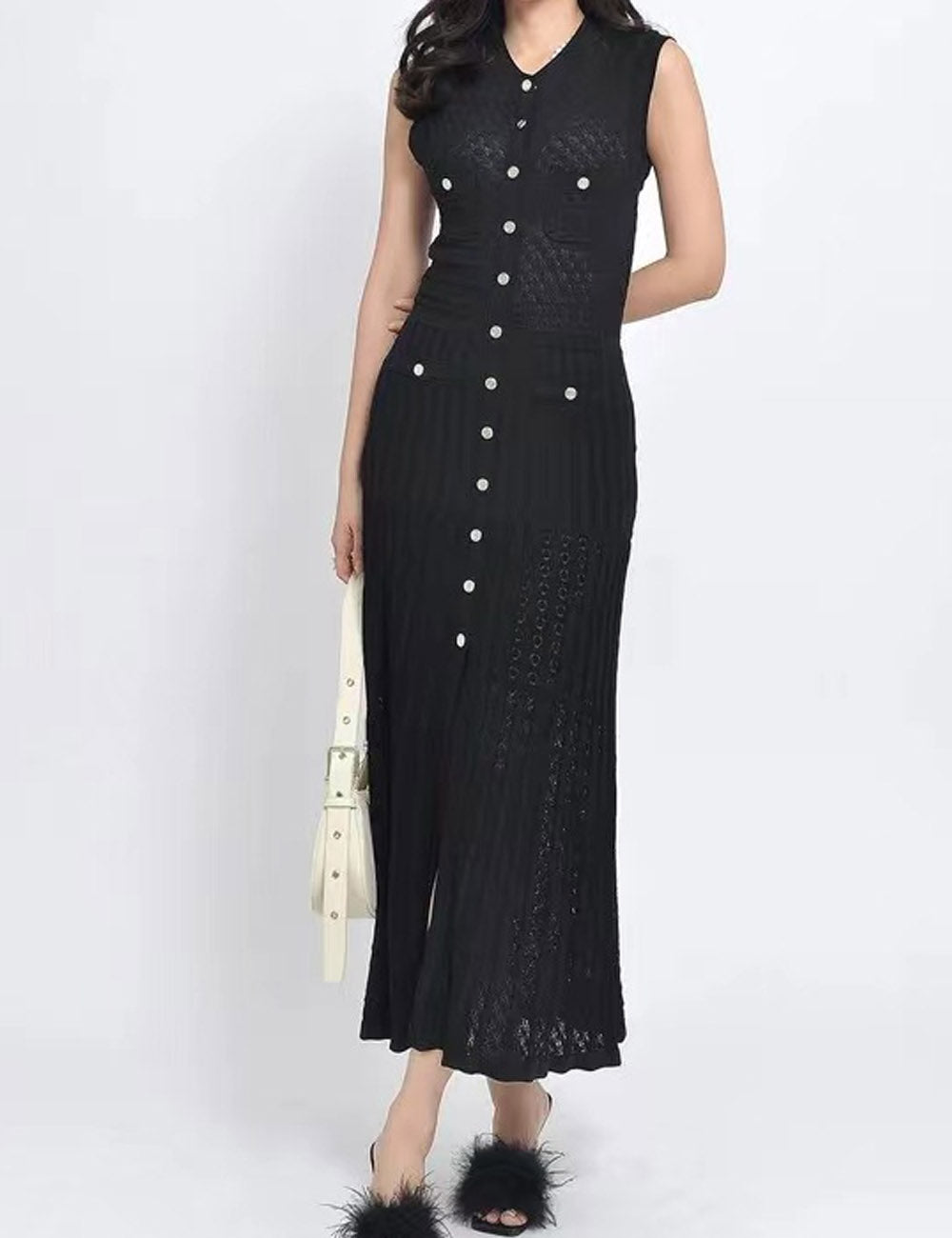 Round Neck Button Down Sleeveless Knit Dress DP25G536