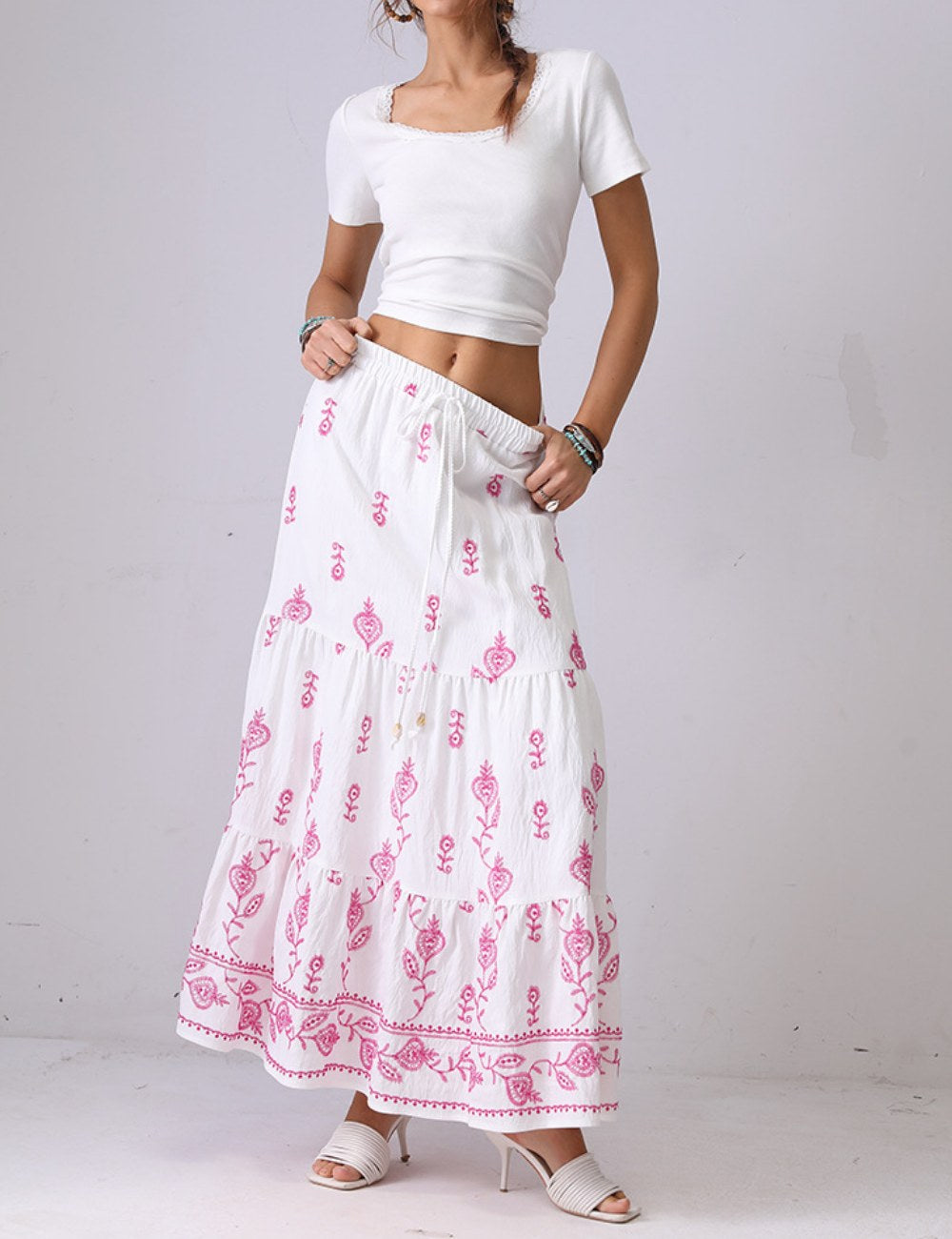 Floral Embroidered String Maxi Skirt DP25C892