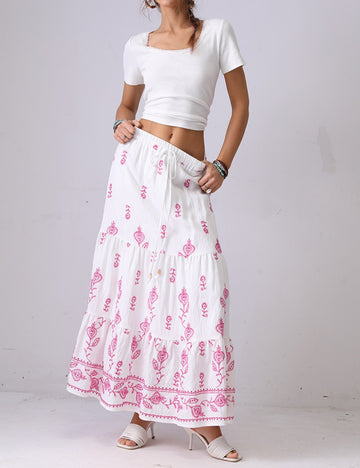 Floral Embroidered String Maxi Skirt DP25C892