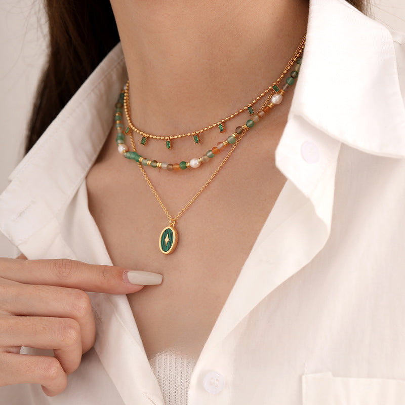 Peacock Green Zircon Pearl Layered Necklaces DPJN1907