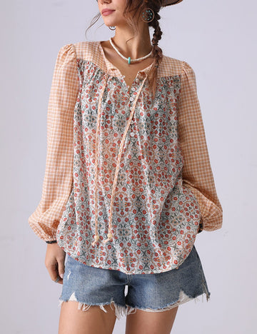 Floral Print Plaid String Pullover Shirt DP25C863
