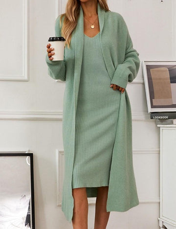 2 Pcs Elegant Fall Long Sleeve Cardigan Tank Dress DP25G550