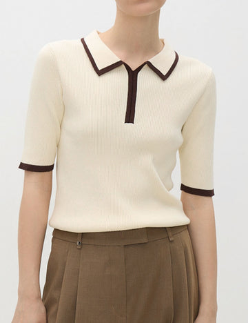 Ribbed Knit Polo Collar Short Sleeve Sweater DP25G944