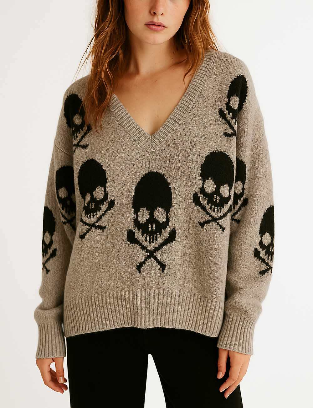 Halloween V-Neck Skull Pullover Sweater DP25G436