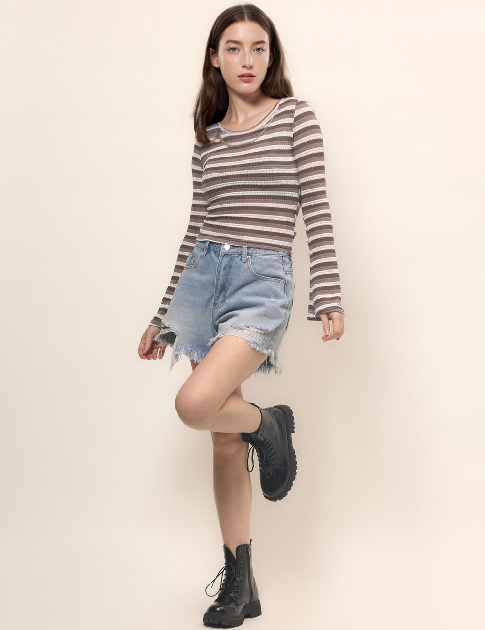 Striped U-Neck Slim Fit Short Knit Top DPT4834