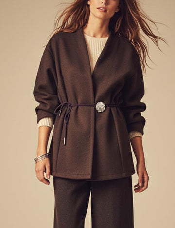 Brown V-Neck Shell Waist Tie Loose Jacket DP25G804