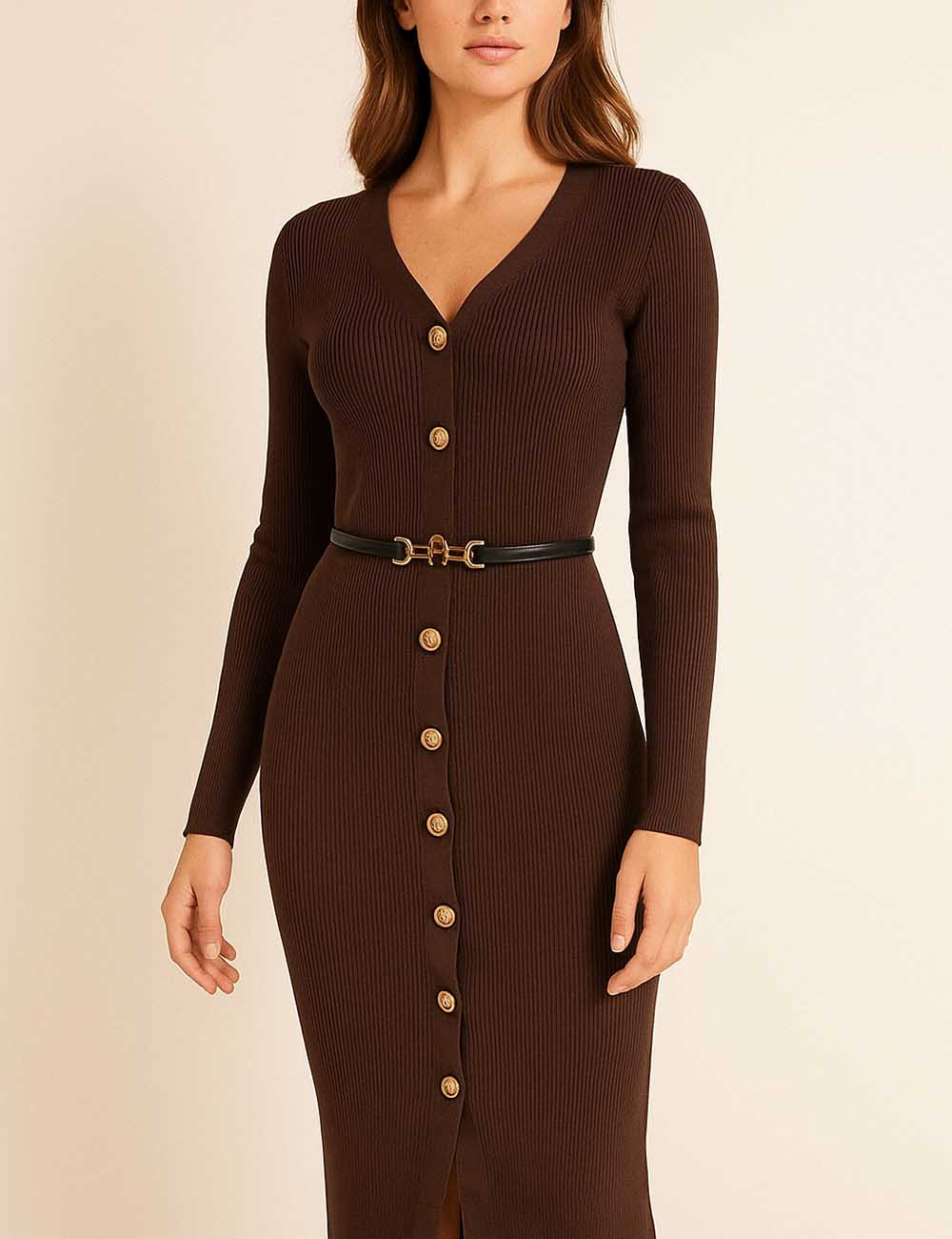 Fall V-Neck Long Sleeve Button Down Maxi Dress DP25G543