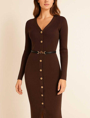 Fall V-Neck Long Sleeve Button Down Maxi Dress DP25G543