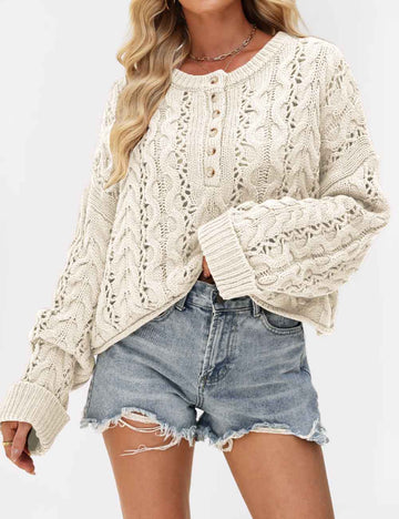 Cable Knit Round Neck Button Pullover Sweater DP25G932