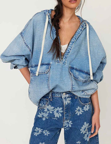 Casual Washed Denim Long Sleeve Hoodie DP25E827