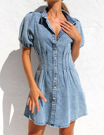 Washed Lapel Button Short Sleeves Denim Mini Dress DP25A533