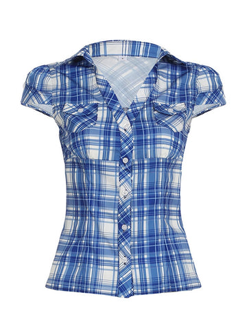 Vintage Plaid V-Neck Short Sleeve Shirt DP25F524