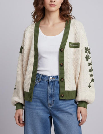 Casual Leaves Embroidery Balloon Sleeves Cardigan DP25G963