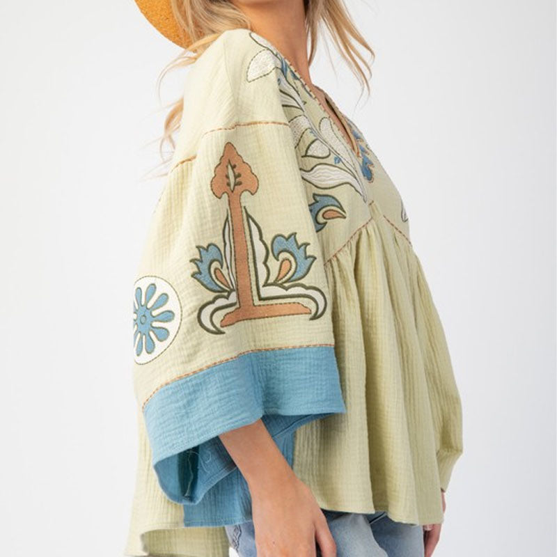 Color Block V-Neck Print Loose Pullover Shirt DP26I464