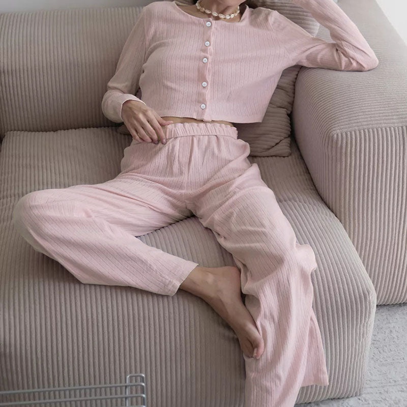 Solid Color Knit Long Sleeve Sleepwear Set DP25F867