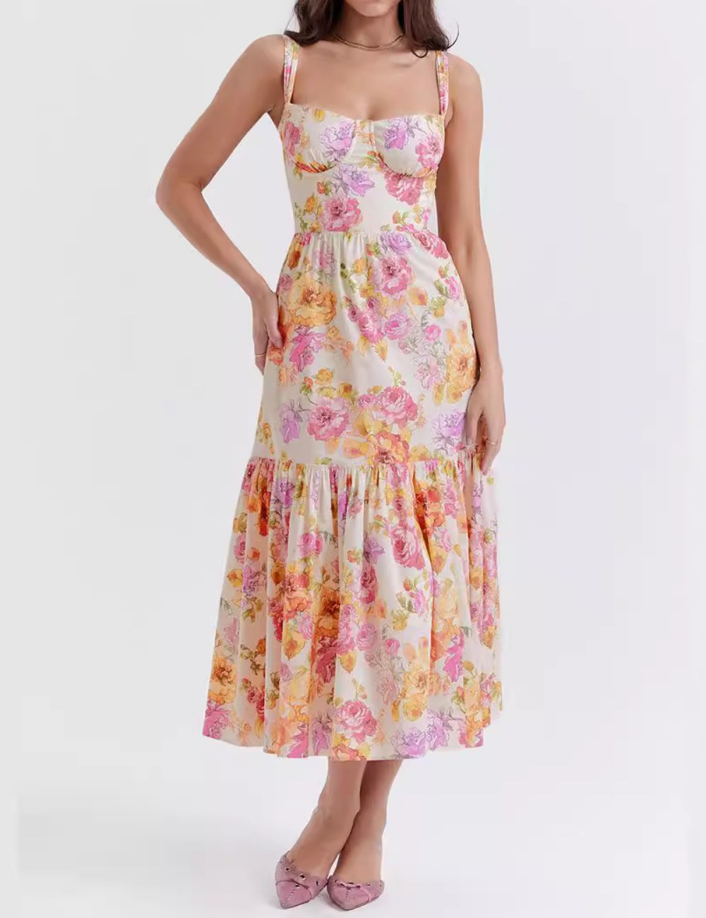 Corset Floral Midi Aline Spaghetti Dress DP25B508