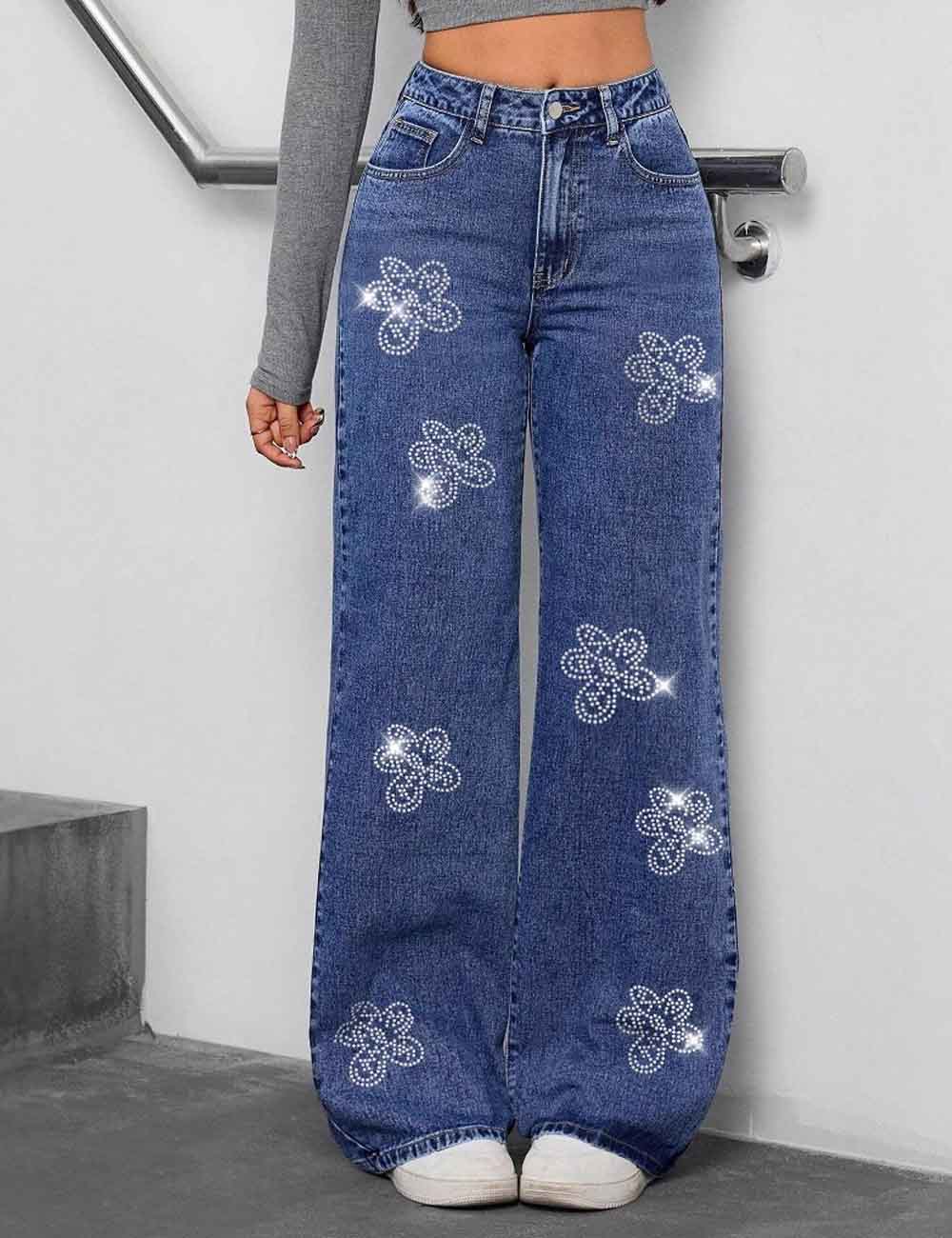 Sparking Rhinestone Flower Straight Leg Baggy Jeans DP25G905