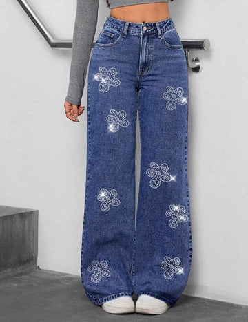Sparking Rhinestone Flower Straight Leg Baggy Jeans DP25G905