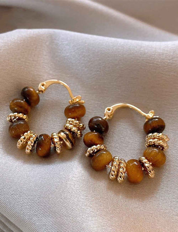 Retro Tiger Eye Stone Bead Hoop Earrings DP25E702