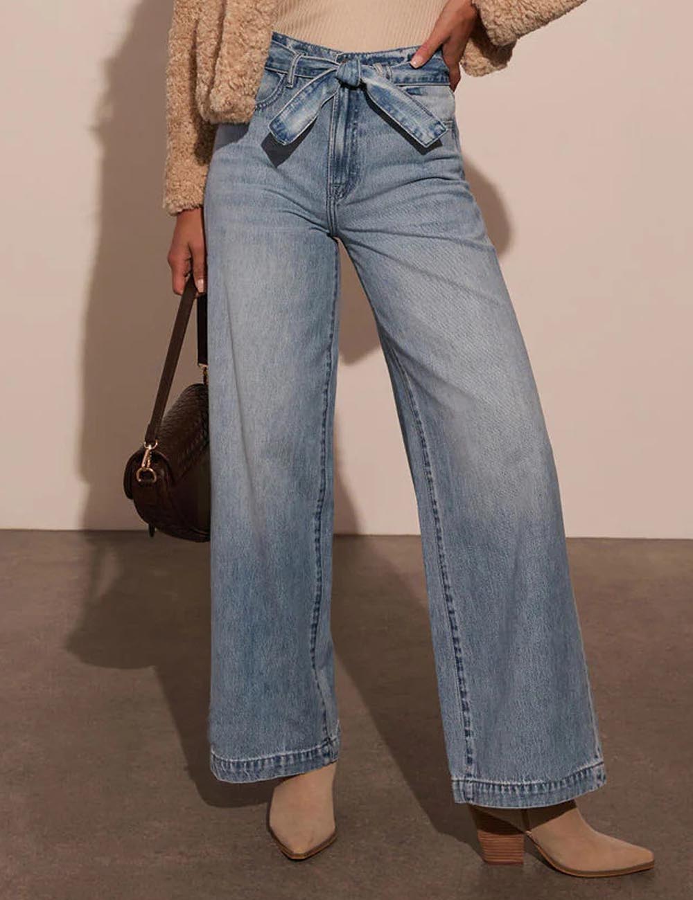 Elegant Tie Front High Waisted Straight Leg Jeans DP25G684