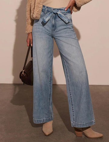 Elegant Tie Front High Waisted Straight Leg Jeans DP25G684