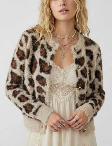 Vintage Round Neck Leopard Print Knit Cardigan DP25H634