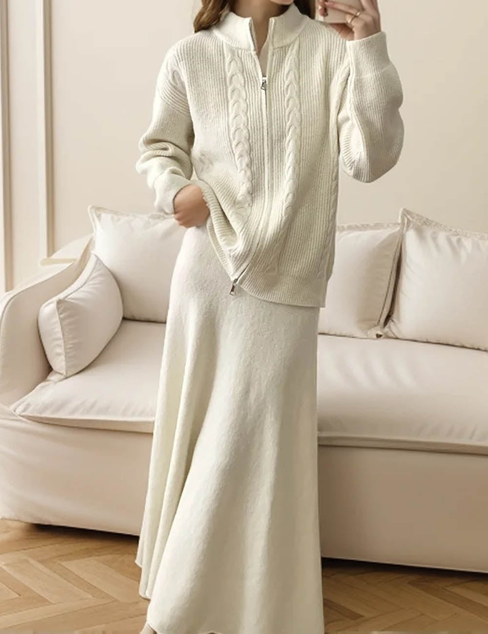 2 Pcs Fall Zip-Up Cardigan Maxi Skirt Set DP25G547