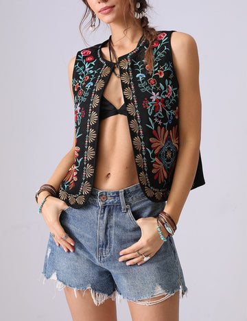 Boho Floral Embroidered Open Front Vest DP25C877