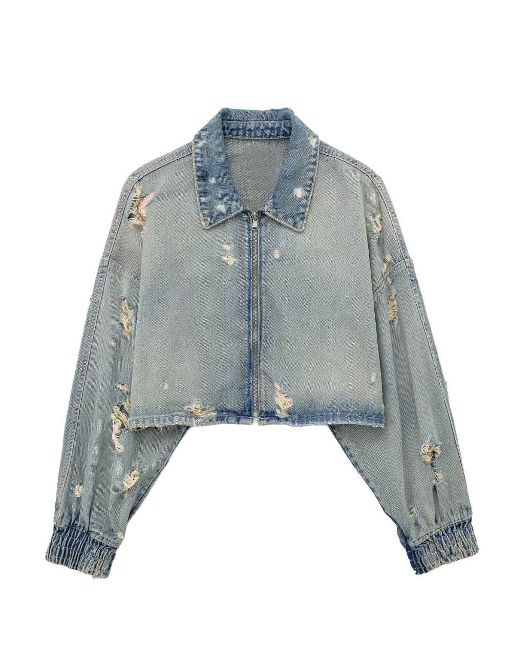Simple Ripped Zip Up Cropped Jacket DP25E826