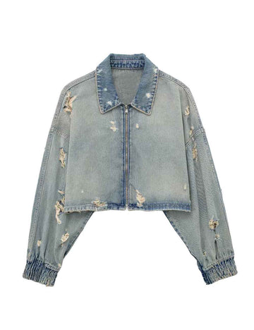 Simple Ripped Zip Up Cropped Jacket DP25E826
