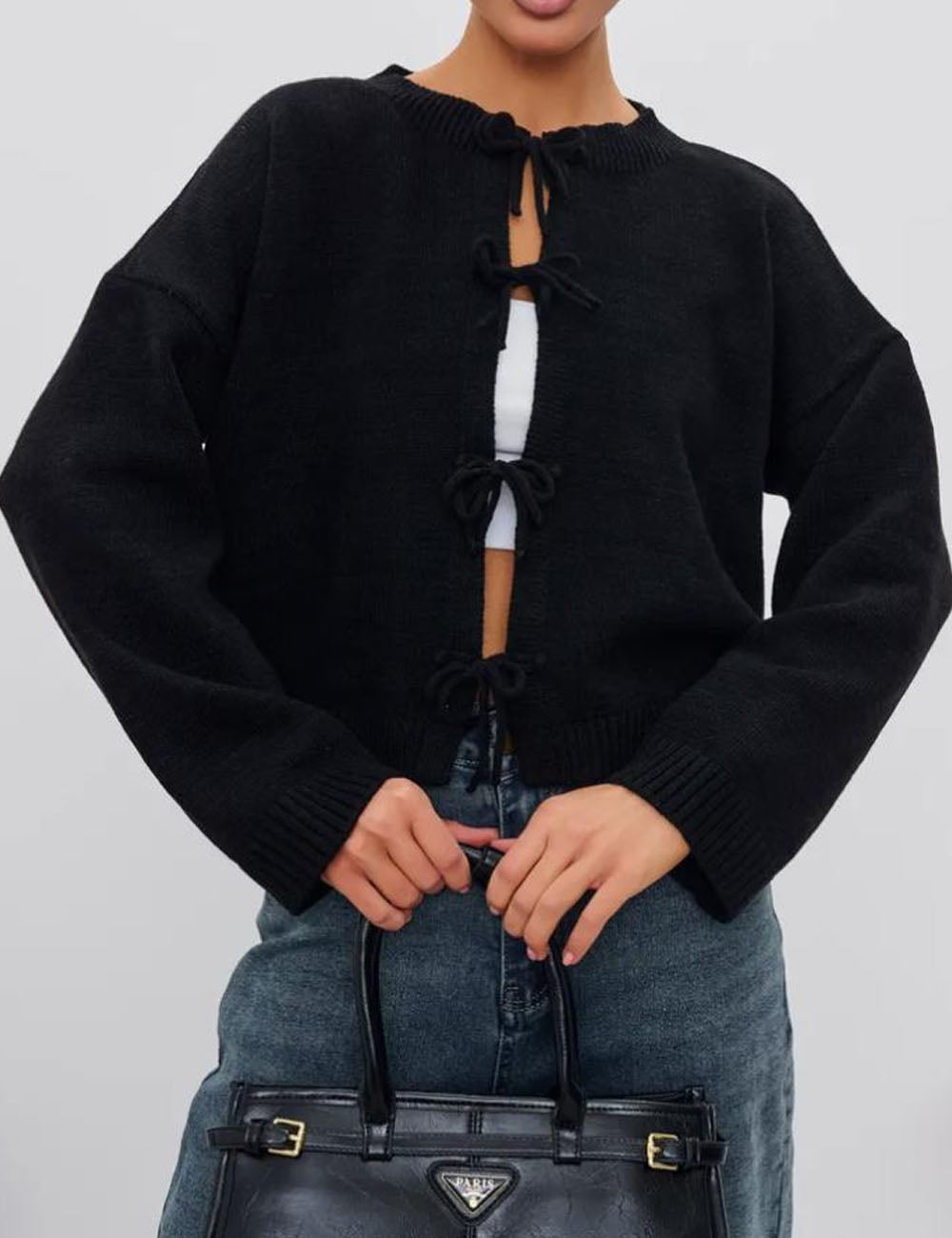 Round Neck Tie Front Long Sleeve Cardigan DP25F532