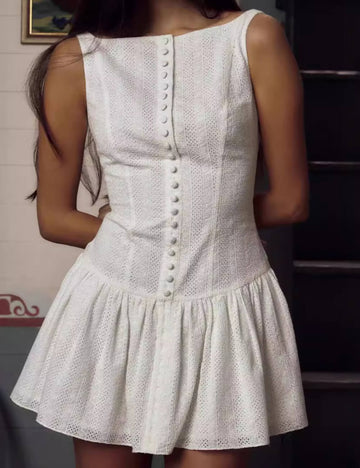 Solid Jacquard Square Neck Button-Up Mini Dress DP25D576