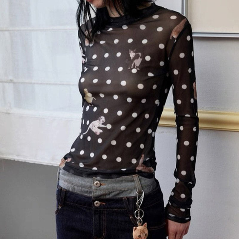 Crew Neck Polka Dot Crop Top - DippedShop Wholesale - #1219