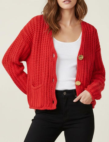 Chunky Knit V-Neck Button Down Crop Cardigan DP25G934