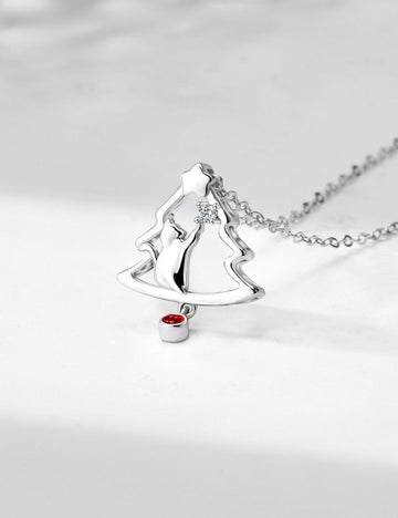 Hollow Out Christmas Tree Cat Zircon Necklace DPJN025