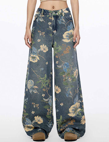 Flower Printed High Rise Wide Leg Baggy Jeans DP25G911