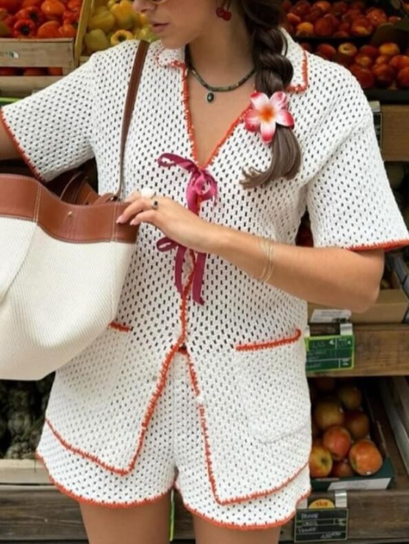 Color Block Lapel Button Down Short Knit Sets DP25B990