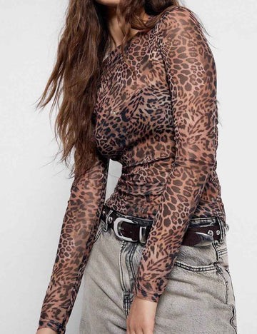 Vintage Mesh Leopard Print Slim Blouse DP25H402